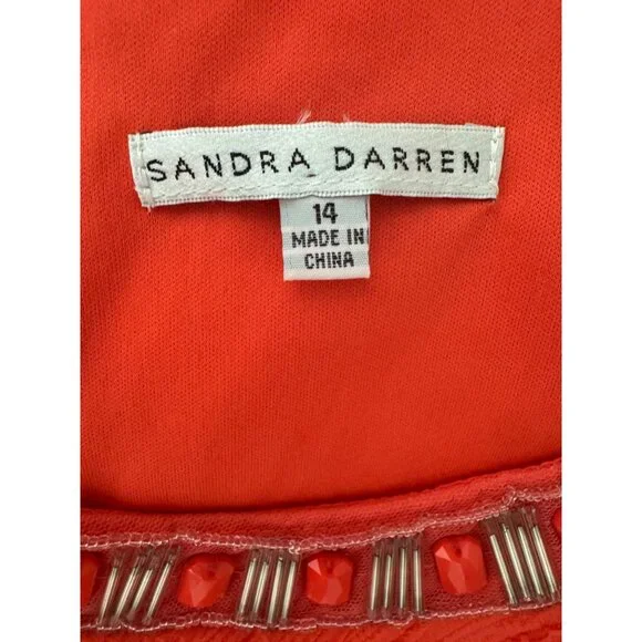 Sandra Darren Orange Coral Beaded Cutout Neckline Fit & Flare Dress Size 14 - Picture 6 of 10